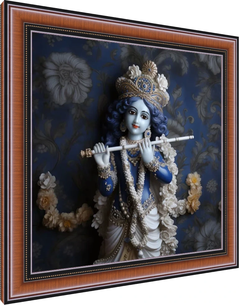 A serene blue-skinned idol of Lord Krishna holding a white flute, adorned with white flowers and a golden crown against a dark blue floral background. — photo frame preview | PrintPosters.in